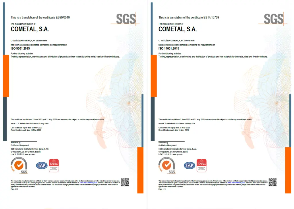 COMETAL renews its ISO 9001:2015 and ISO 14001:2015